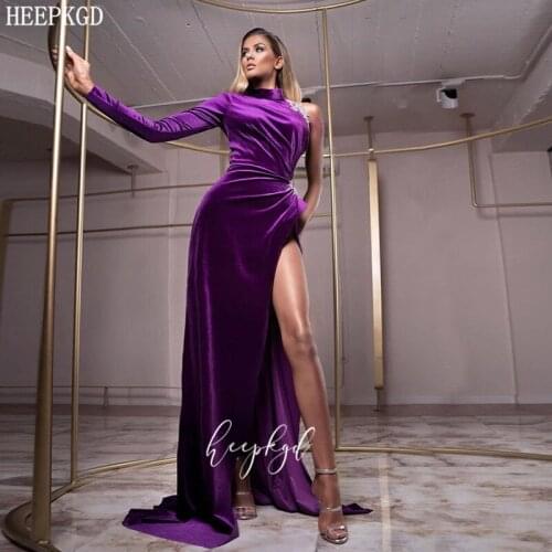Sexy Purple One Shoulder Prom Dresses High Slit Long Sleeve Beaded Velvet Plus Size Special Occasion Dress For Wedding Party
