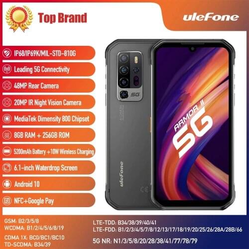 Ulefone Armor 11 5G Rugged Mobile Phone 8GB +256GB Android 10 Waterproof Smartphone 48MP 5200mAh NFC Wireless Charging Cellphone