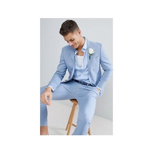 Light Blue Slim Fit Tailored Suit Men Casual Beach Summer Tuxedo Suit 2 Pieces Set Wedding Mens Suits With Pants Terno Masculino