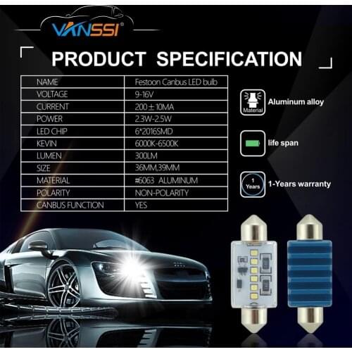 VANSSI 2Pcs Extremely Bright White Festoon 36mm LED Canbus Bulb C5W DE3157 for Interior Dome Map Light License Plate Trunk Light