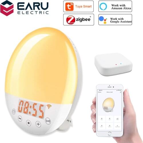 WiFi Smart Wake Up Light Alarm Clock with 7 Colors Sunrise Sunset Smart Life by Tuya ZigBee3.0 Hub Works with Alexa Google Home