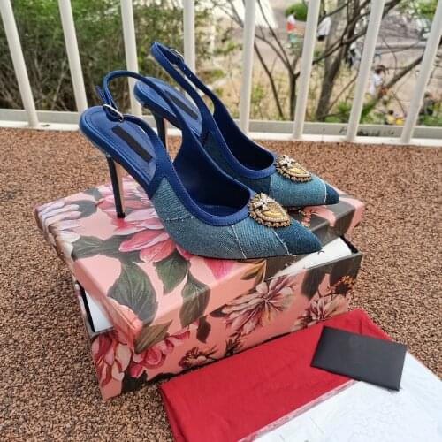 2021 early spring new heart-shaped buckle denim mid-heel sandals sheepskin top leather women stiletto heel big size women heels