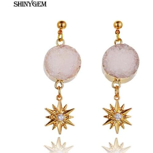 ShinyGem New Fashion Round Natural Opal Crystal Druzy Gold Plating polygon stars Base Drop Dangle Earrings For Women Gift