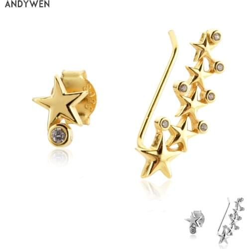 ANDYWEN 925 Sterling Silver Gold Star Long Climber Thread Stud Earring Women Piercing Pendientes Clips Bar Fine Jewelry Clips