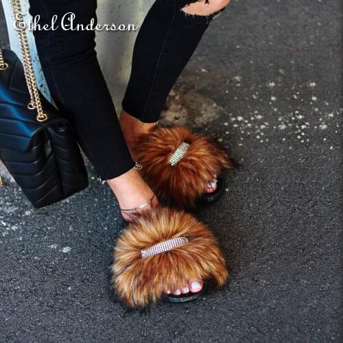 Ethel Anderson Flip Flops Womens Shoes for Women 2021 Faux Fur Designer Slides Crystal Decoration Female Fluffy Slippers