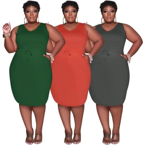 Cutubly Casual Plus Size Dresses Sleeveless Womens Summer Dress Lace Up Elastic Waist Solid V Neck Female Clothing With Pockets