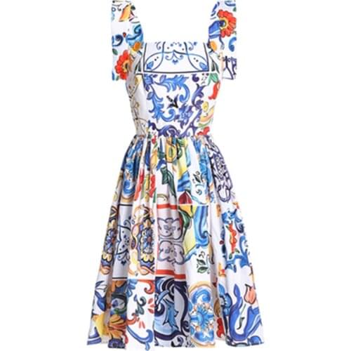 Fashion Runway Summer Dress 2021 Womens Vacation Vestidos Long Bow Lace-up Spaghetti Strap Blue White Porcelain Floral Dresses