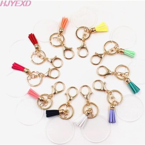 1 piece) KC039-63mm Acrylic Clear Round Keychain With Tassels Lobster 2.5" Circle Monogram Gold