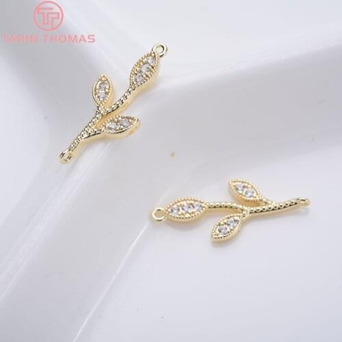 6PCS 8x19MM 24K Gold Color Brass with Zircon Leaf Leaves Charms Pendants High Quality Diy Jewelry Findings Accessories wholesale