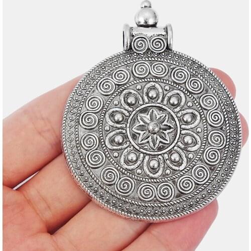 2pcs Tibetan Silver Embossed Lotus Swirl Large Round Pendant For Necklace Jewelry Findings Accessories 58x74mm