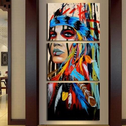 3 Panels Indian Woman with Feather Canvas Art Oil Paintings on Canvas Posters and Prints for Living Room Wall Decor