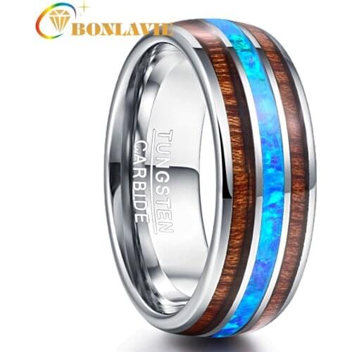 BONLAVIE 8mm Wide Dome Steel Inlaid with Two Acacia True Blue Opal Tungsten Steel Ring Wedding Rings for Men