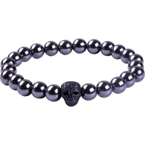 Black Skull Bracelet 8mm Natural Hematite Healing Stone Beaded Bracelet for Men Jewelry Pulseira Masculina