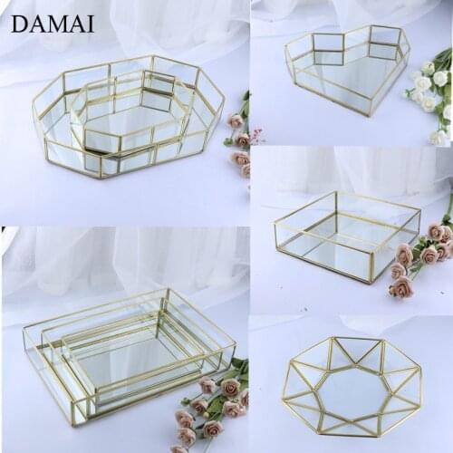 European Brass Glass Mirror Trays Simple Gold Inlay Decorative Cosmetic Jewelry Storage Tray Afternoon Tea Cake Dessert Plates