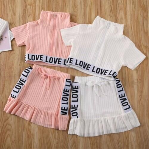 1-5T Kids Baby Girls Clothes Sets Letter Short Sleeve Zipper Turtle Neck T-Shirt Tops Ruffle Skirts Girls Outfits Kids Clothes