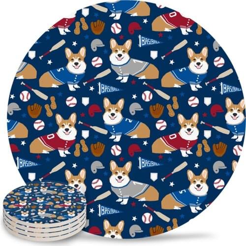 Corgi Baseball Themes Sports Dog Gifts Ceramic Coasters Waterproof Tea Cup Mat Christmas Home Decor Coasters for Glasses