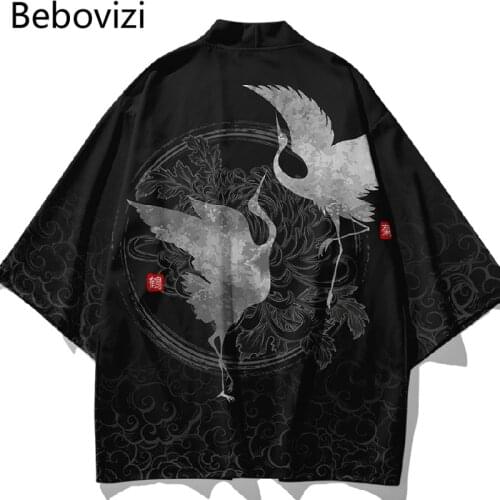 Japanese Cardigan Asian Beach Yukata Women Harajuku Crane Traditional Black Kimono Men Samurai Costume Haori Cosplay Clothing