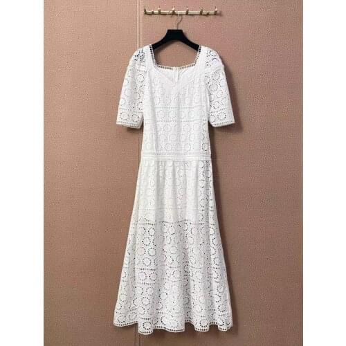 Runway Fashion Embroidery Dress Women 2021 Summer Hollow Out Half Sleeve V-Neck Elegant Party White Long Dress