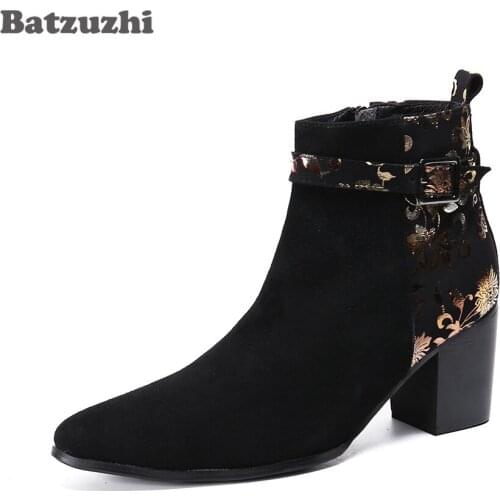 Batzuzhi 7.5cm High Heels New Design Men Boots Shoes Pointed Toe Black Suede Leather Ankle Boots for Wedding & Party, Size 38-46