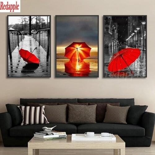 Umbrella Full Drill Diamond Painting Mosaic black red white city landscape Embroidery Full Display Rhinestones 3 pcs set Decor