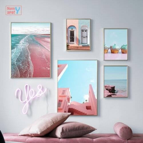 Pink Beach Sea Poster Candinavian Wall Art Canvas Painting Nordic Posters And Prints Wall Pictures For Living Room Home Decor