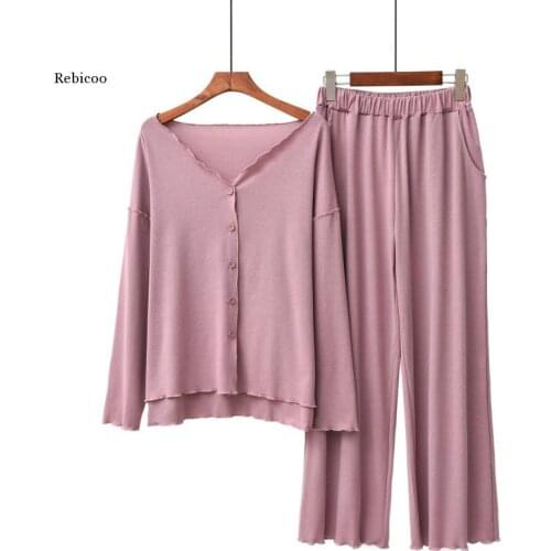 New Pajama Womens Spring Modal Cotton Long-Sleeve Plum-Size Mosaic Cardigan Long-Sleeve Homewear Sets Sleepwear