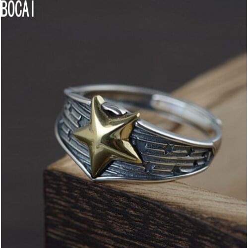 New 100% S925 silver jewelry Thai silver finger ring for male fashion golden five-pointed star mans silver ring womans ring