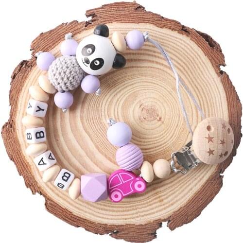 Panda Pacifier Chain Personalized Name Beech Wooden Clip Teether Cartoon Panda Holder Chain Rodent Baby Teether For Gift