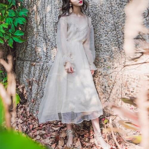 Dress Women Spring Summer Embroidery Dresses Elegant A-Line Vestidos Puff Sleeve Empire V-Neck Ladies Lace Voile Dress Mesh