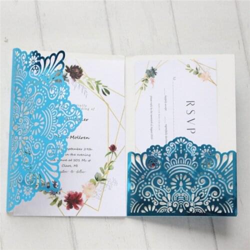 Invitation marriage cards with envelop wedding laser cut blue light reflecting card customized printing multi colors 50pcs