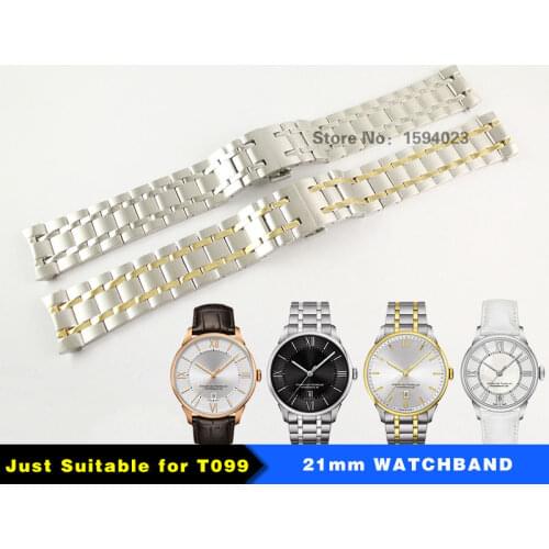 21mm T099407A Watchband Strap Durable Butterfly double buckle Solid 316L Stainless Silver/Gold Steel Straps