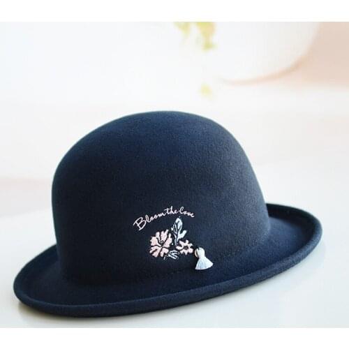 H283 Women Fall Winter Wool Fedoras Hat Korean Elegant Embroidered Curling Basin Cap Ladies Fashion Casual Retro All-match Hats