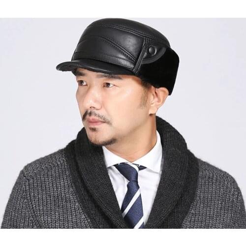 2021 New Winter Bomber Hats Natural Genuine Leather Caps For Men Women Fur Warm Earmuff Hat Anti-cold Brands Cowhide Leather Cap