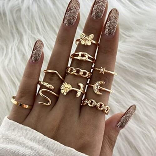Tocona 10pcs/sets Boho Snake Joint Ring Sets for Women Charms Flowers Butterfly Moon Crystal Stone Party Jewelry кольца 18194
