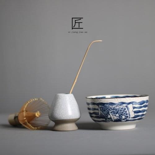 4pcs traditional matcha giftset bamboo matcha whisk scoop ceremic Matcha Bowl Whisk Holder chinese tea set