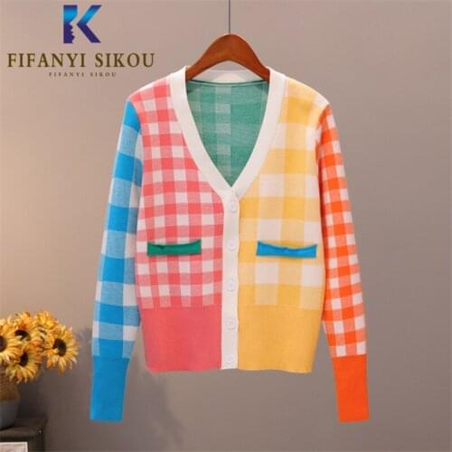 Rainbow Plaid Knitting Sweater Women Cardigan Coat Fashion V-Neck Long Sleeve Patchwork Sweaters Jacket Knit Cardigans 2020 New