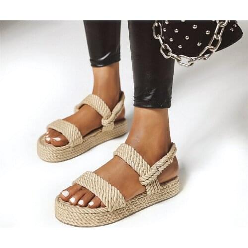 YQBTDL Woven Hemp Design Flat Platform Sandals Women on Vacation Seaside Apricot Black Casual Shoe Summer Large Size Hot Ins