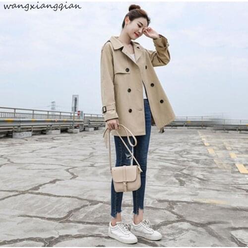 Womens Korean Version Spring Autumn Pure Colorn Waist Suit Collar Double Breasted Coat Woman Windbreaker Female A501