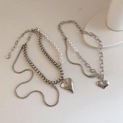 Origin Summer Fashion Asymmetry Silver Color Love Heart Pearl Pendant Necklace for Women Exquisite Chunky Chain Necklace Jewelry