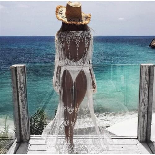 Women Sexy Beach Dress White Chiffon Lace Kimono Beach Bikini Cover Up Wrap Cardigan Beachwear Hollow Out Long Dress Sundress