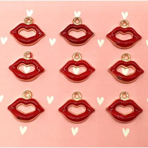 10pcs 14*17mm Epoxy Sexy Red Lips Zinc alloy Charms Bracelets Pendant For DIY Earring Jewelry Gold-color Making Findings XL421