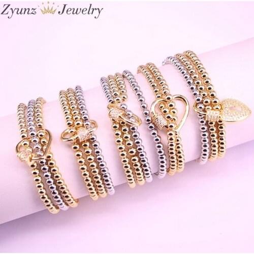 5PCS, CZ micro pave connector clasp with round copper beads chain bracelets