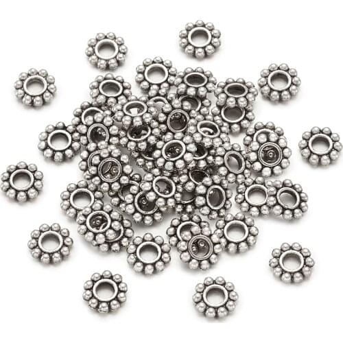 50pcs/lot Tibetan Style Alloy Spacer Beads 6.5x1.5mm Flower Charm Loose Beads For Jewelry Making DIY Bracelet Accessories