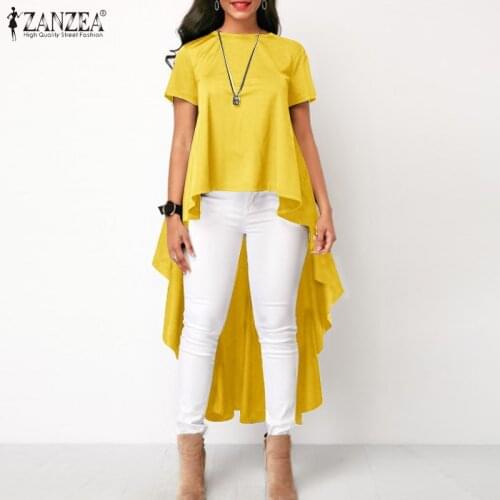 ZANZEA Women Asymmetrical Blouses 2021 Fashion Summer Cotton Linen Tops Casual Solid High Low O-neck Loose Tunic Plus Size 5XL
