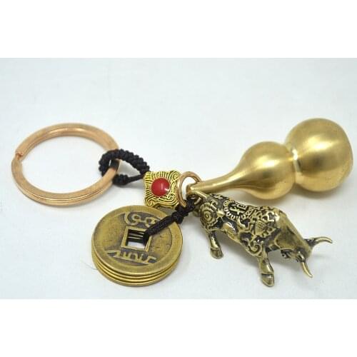 Feng Shui Five Emperors Money Copper Gourd Keychain Pendant with Little Zodiac Ox Statue and Wu Lou Gourd Calabash With Brass Co