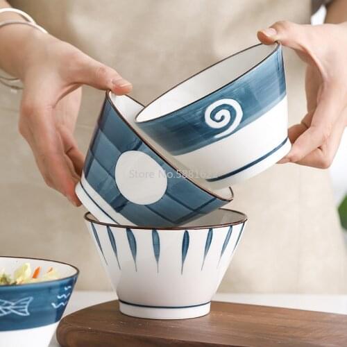 Ceramic High-footed Rice Bowl Japanese Hand-painted Creative Underglaze Japanese Rice Bowl 5-inch Breakfast Dessert Bowl