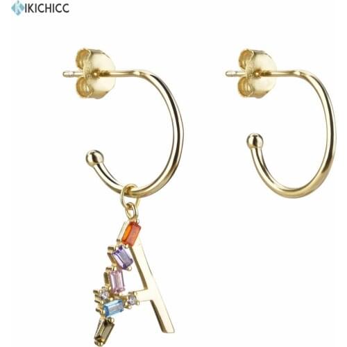 Kikichicc 2020 925 Sterling Silver Gold 11mm Initial Drop Earring Letter Colorful Alphabet Crystal CZ Zircon Women Name Jewelry