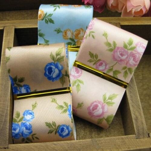 5meter/lot Print Rose Pattern 38mm Polyester Ribbon Handmade Bow DIY Accessories Floral ethnic ribbon T-012