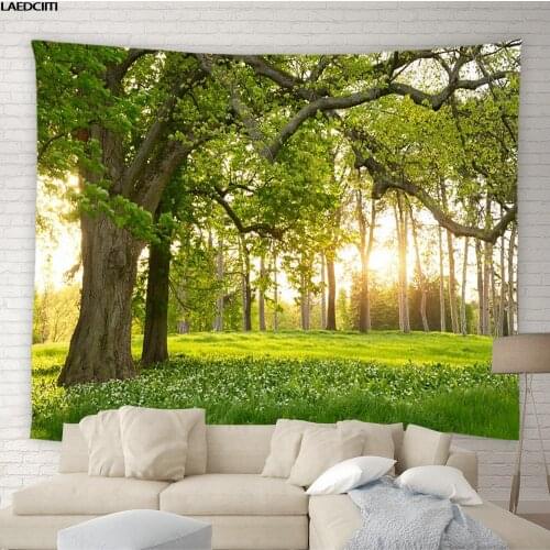 Nature Forest Tapestry Wall Hanging Sunshine Tree Green Plants Waterfall Sandy Beach Rug Camping Tent Sleeping Pad Home Decor