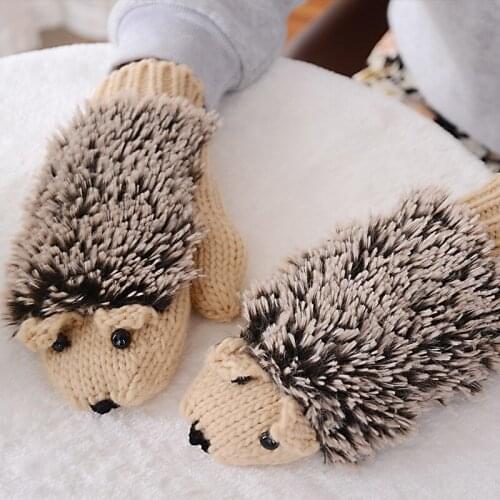 New 5 Colors Girls Novelty Cartoon Winter Gloves for Women Knit Warm Fitness Gloves Hedgehog Heated Villus Wrist Mittens